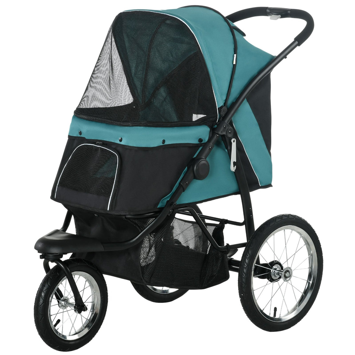 Poussette 3 roues pour chien petit et moyen avec bâche de toit et rangement, vert foncé