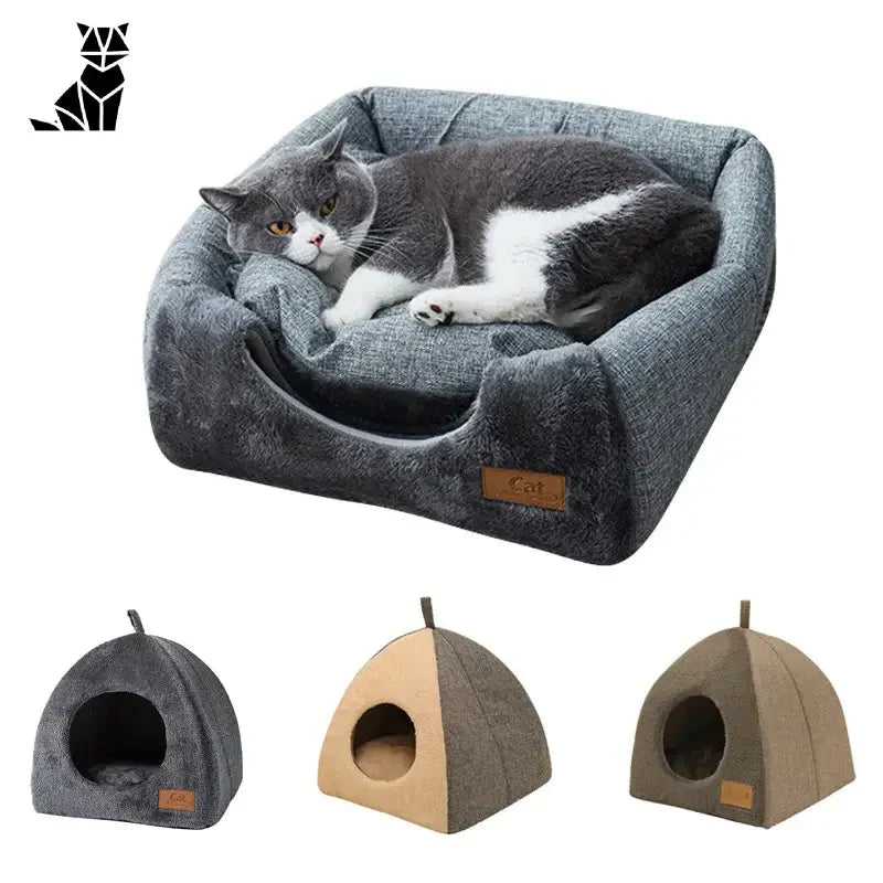 Cabane à chat douillette : Lit confortable pour chat à nettoyer facilement avec un chat endormi à l’intérieur