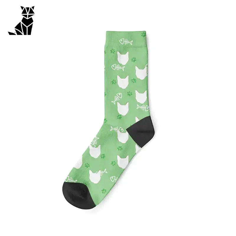 Chaussette verte avec des chats blancs et noirs, chaussettes personnalisées pour chats : Confort et style unique