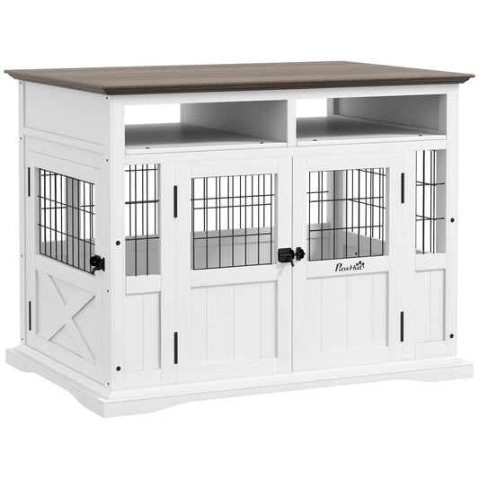 Cage meuble pour chien avec rangement, blanc