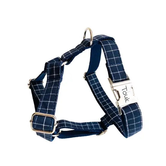 Harnais Chien Personnalisé Coton Carreaux Bleu Marine Transparent Background