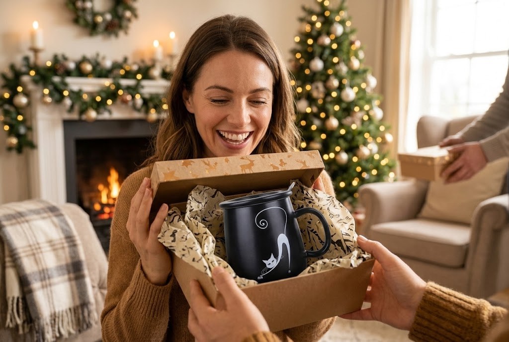 Le sourire du premier café dans son nouveau mug