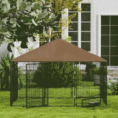 Chenil extérieur pour chien avec bâche de toit et gamelles