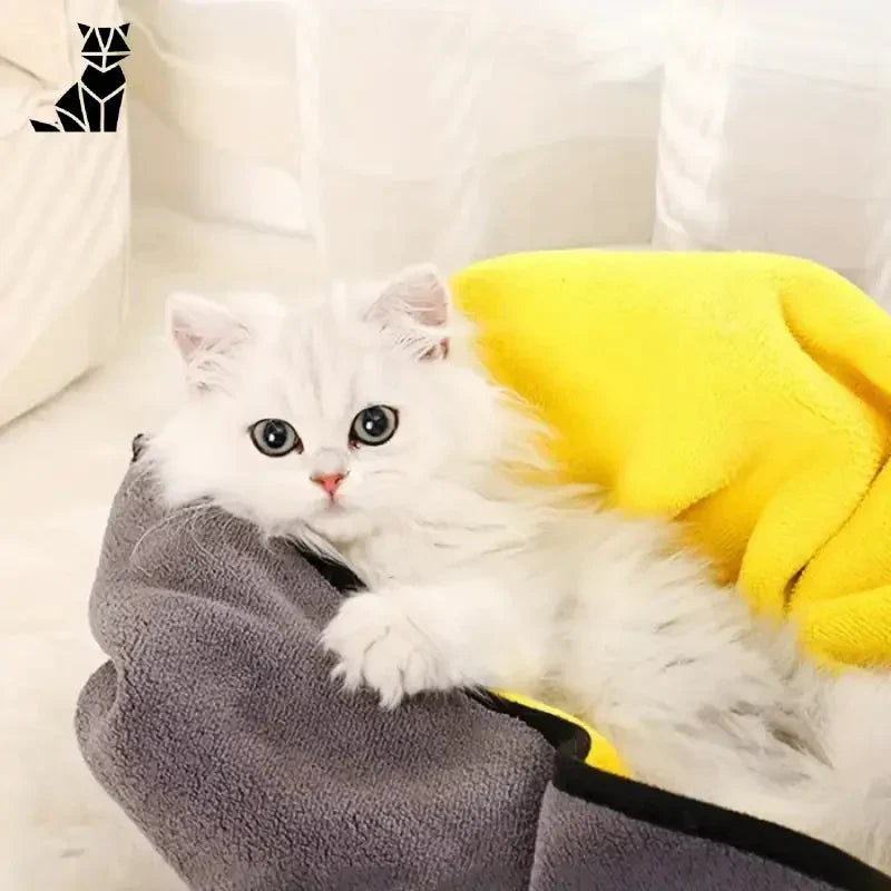 Chat blanc portant un peignoir jaune de Rapidity Absorbent Bathrobe en train de se sécher