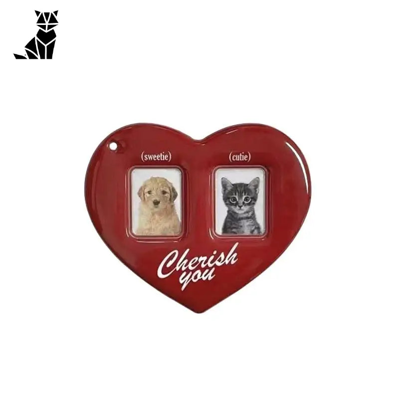 Ornement en forme de coeur rouge avec deux chats et un chien, porte-cartes photo personnalisé Staacquering Idol