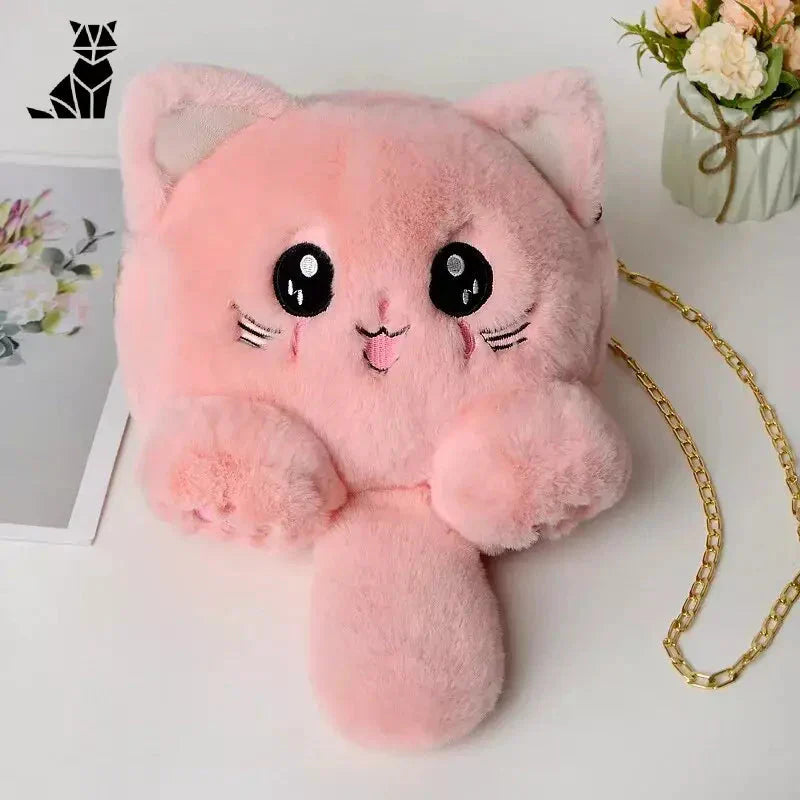 Sac peluche femme avec lanière en forme de chat : Peluche Chat Rose sur Table - Sac Peluche Femme