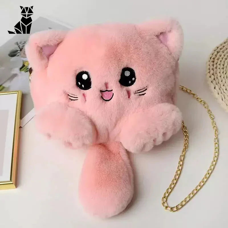 Sac à peluche rose pour femme avec chaîne, sac à main en peluche avec bandoulière en forme de chat