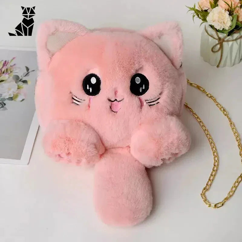 Sac peluche pour femme avec sangle en forme de chat et peluche de chat rose sur la table