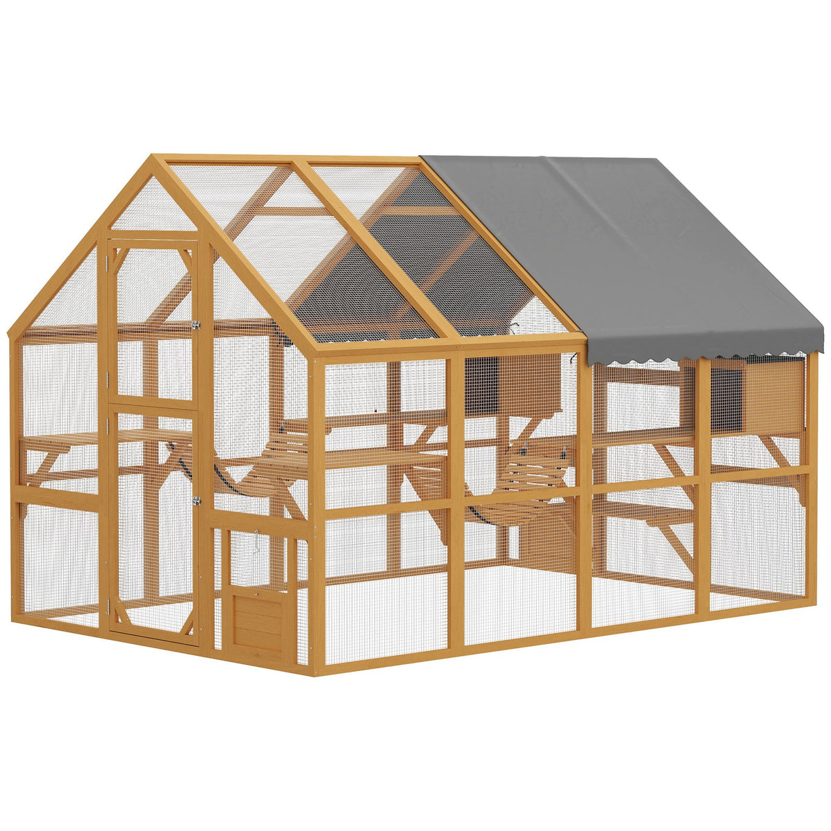 Enclos extérieur pour chat en bois avec bâche et plateformes, jaune