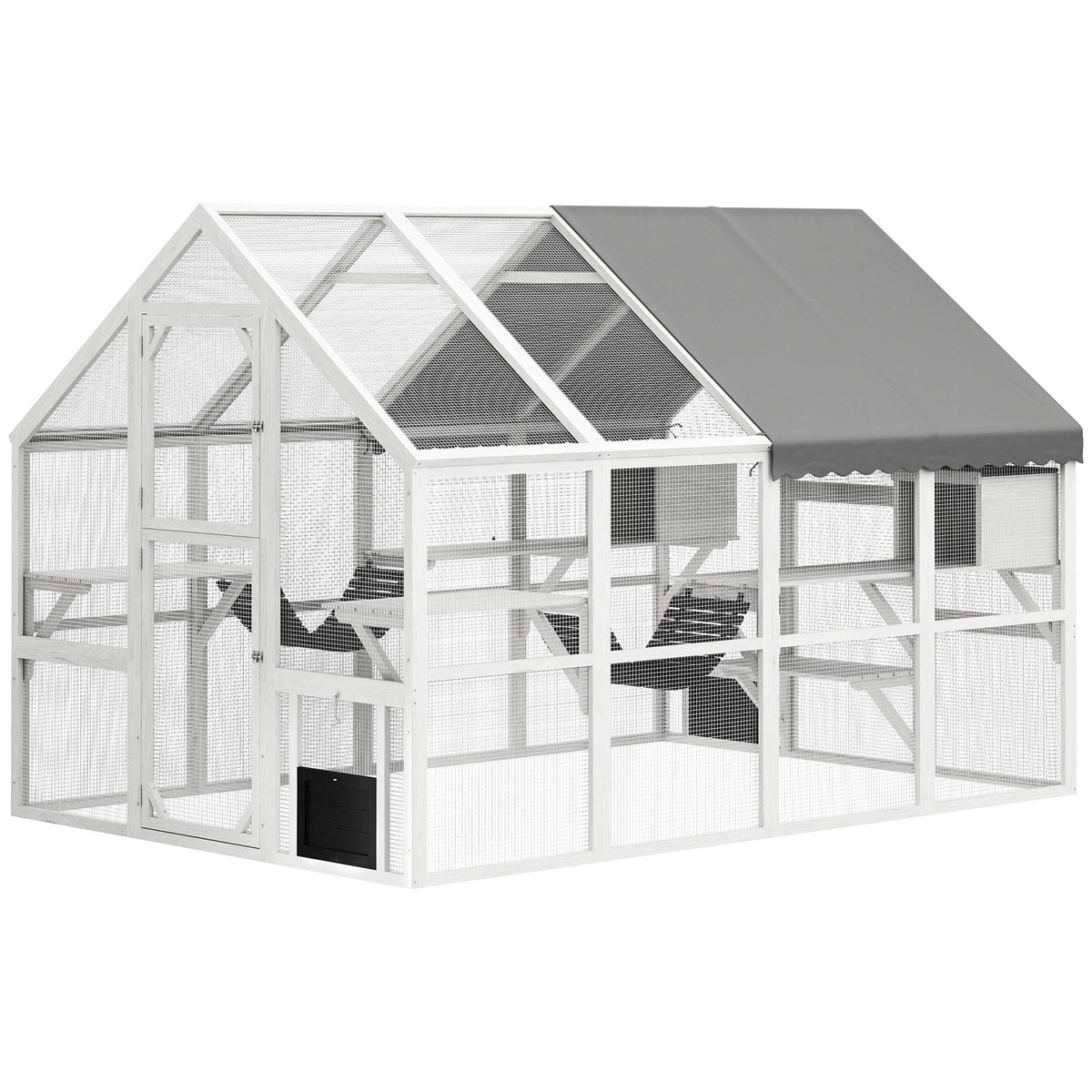 Enclos extérieur pour chat en bois avec bâche et plateformes, blanc