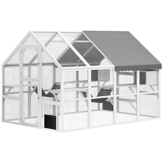 Enclos extérieur pour chat en bois avec bâche et plateformes, blanc